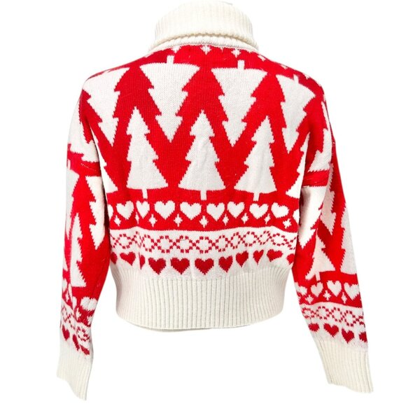 Jessica Simpson Half-Zip Turtleneck Sweater Red White Holiday Tree Heart Pattern - Picture 2 of 8